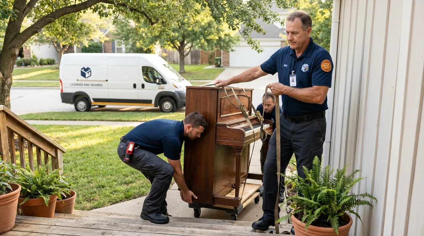 Licensed piano movers securing grand piano in Pittsville, MD