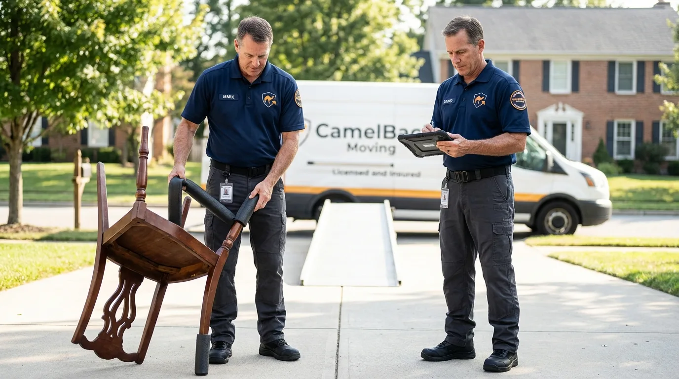 Movers inspecting furniture for damage prevention before loading in Pittsville, MD