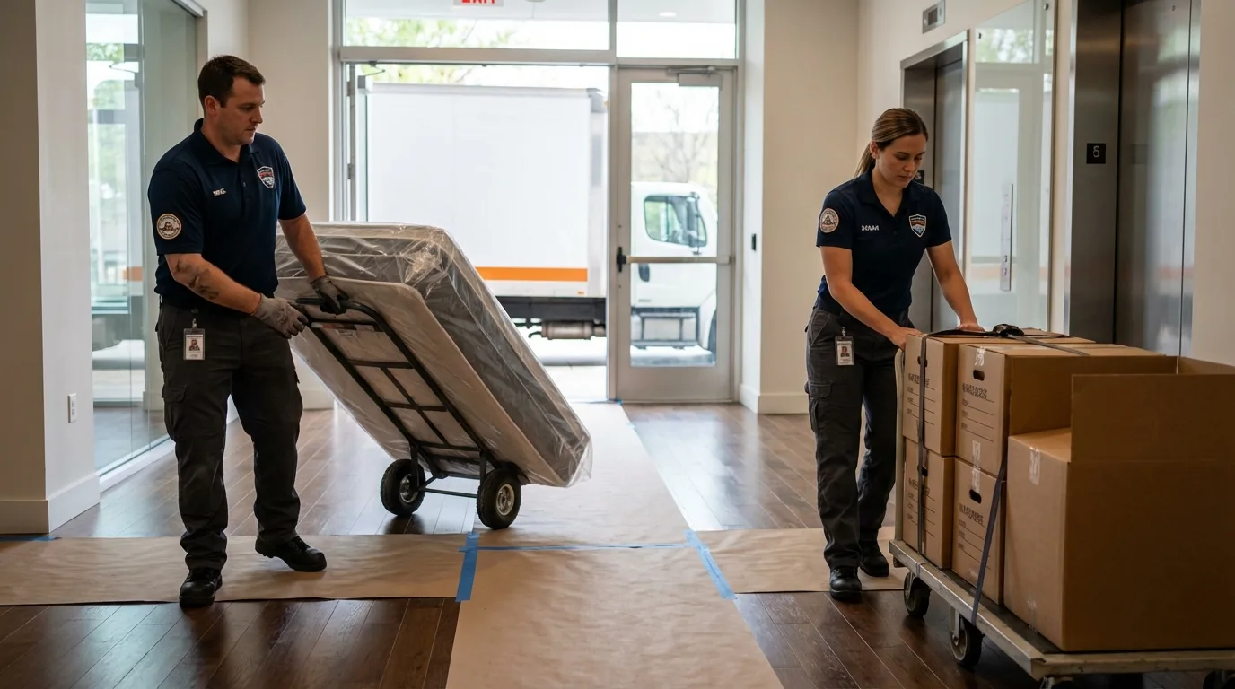 Professional apartment movers loading elevator in Pittsville, MD