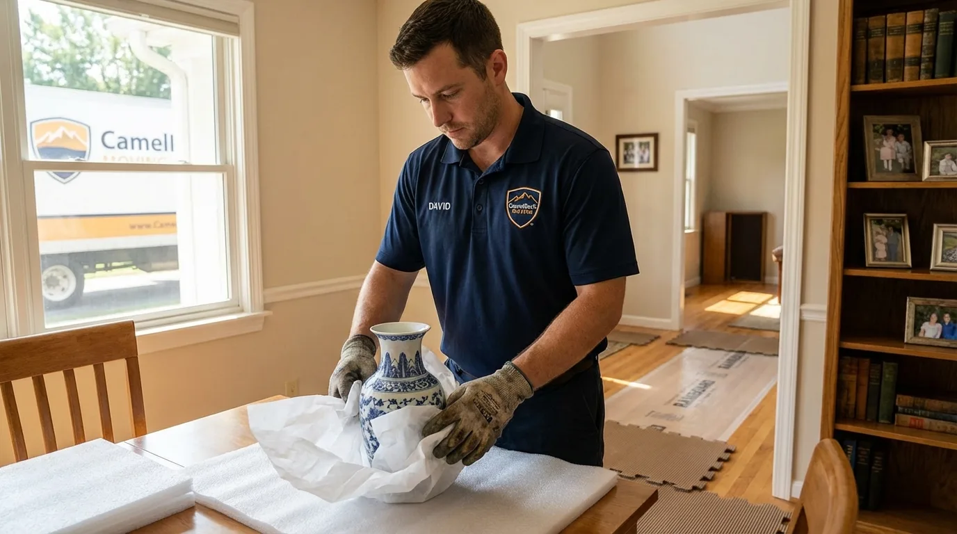 Professional crew carefully wrapping antique vase for senior downsizing move in Pittsville, MD